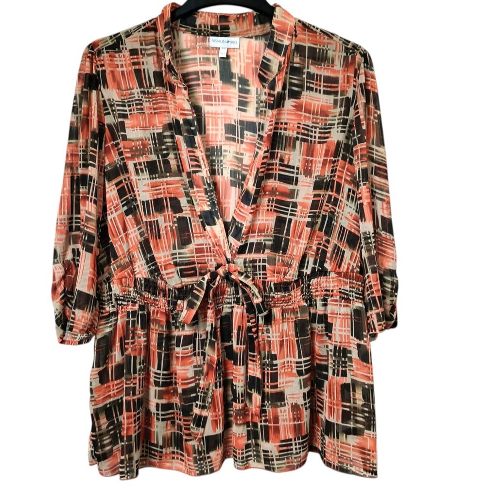 Fashion Bug Women's Blouse Semi-Sheer V-Neck Tie Waist 3/4 Sleeves Size 18/20
